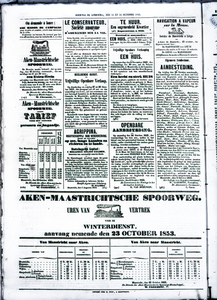 804202 Afbeelding van een pagina uit Journal du Limbourg van 22 en 23 oktober 1853 met de dienstregeling en tarieven ...